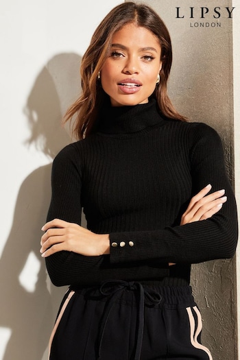 Lipsy Black Knitted Roll Neck Ribbed Button Detail Long Sleeve Jumper (K47929) | £32