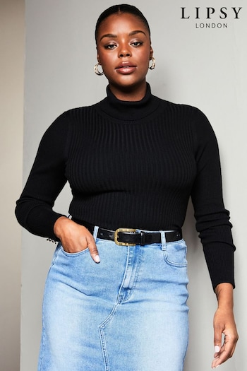 Lipsy Black Curve Knitted Roll Neck Ribbed Button Detail Long Sleeve Jumper (K47942) | £32