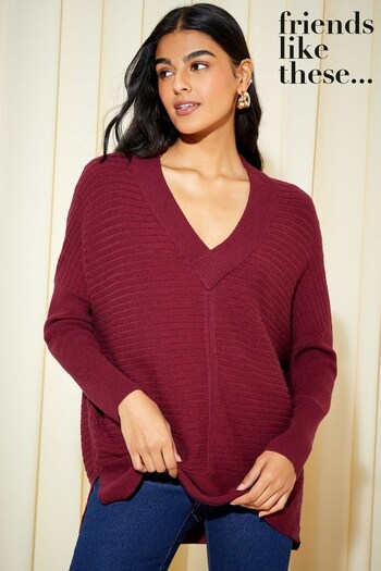 Friends Like These Wine Red V Neck Tunic Knitted Jumper (K47954) | £30