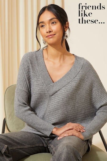 Cups & Mugs Grey V Neck Tunic Knitted Jumper (K47955) | £30