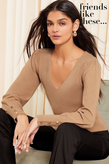 Friends Like These Camel Button Cuff V Neck Long Puff Sleeve Jumper (K47958) | £25