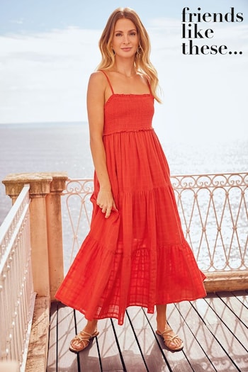 Friends Like These Red Petite Strappy Ruched Texture Tiered Midi Summer Dress (K47967) | £27