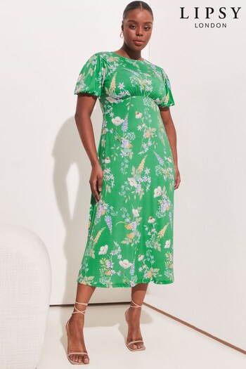 Lipsy Green Floral Curve Jersey PUff Short Sleeve Underbust Summer Midi Dress (K47970) | £29