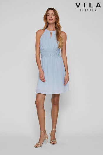 VILA Blue Halter Neck Tulle Fit And Flare Dress (K48077) | £40
