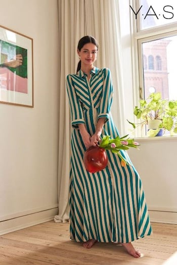 Y.A.S Green & White Stripe Maxi Length Shirt Dress (K48219) | £45
