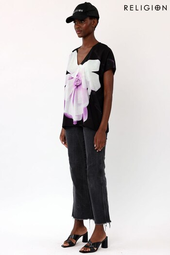 Religion Pink Boxy Draped Tunic Tee With Large Floral Print (K48550) | £46