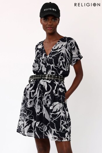 Religion Black Faux Wrap Dress With Elasticated Waist In Print (K48569) | £88
