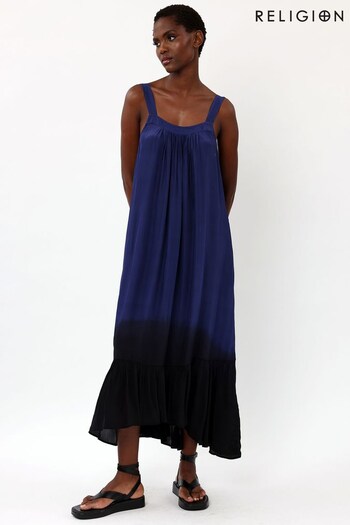 Religion Blue Dip Dye Floaty Midi Maxi Dress In Beautiful Floral And Dip Dyes (K48570) | £112