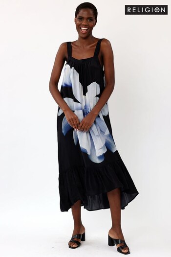 Religion Black Floaty Midi Maxi Dress In Beautiful Floral And Dip Dyes (K48573) | £112