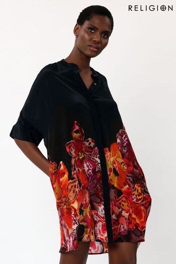Religion Black & Orange Tunic Shirt Dress In Beautiful Floral Print (K48580) | £90