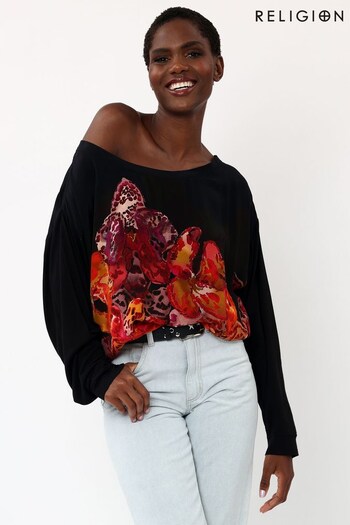 Religion Black Off The Shoulder Top In Beautiful Print (K48581) | £70