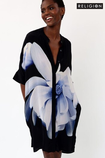 Religion Blue & Black Tunic Shirt Dress In Beautiful Floral Print (K48582) | £90