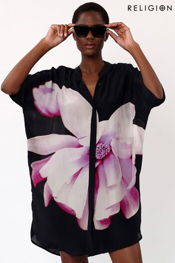 Religion Black & Pink Tunic Shirt Dress In Beautiful Floral Print (K48583) | £90