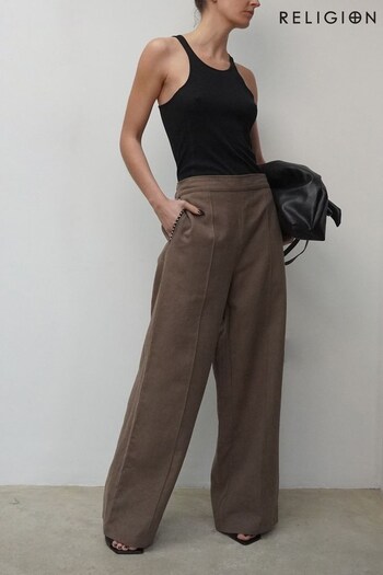 Religion Neutral Wide Leg Textured Ramie Linen Blend macedonia Trousers With Stud Trim (K48590) | £78