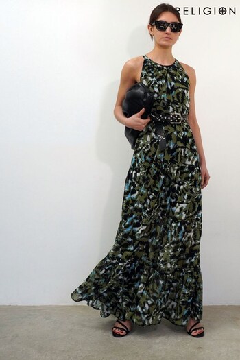 Religion Green Tiered Maxi Dress With Halter Neck In Beautiful Prints (K48604) | £110