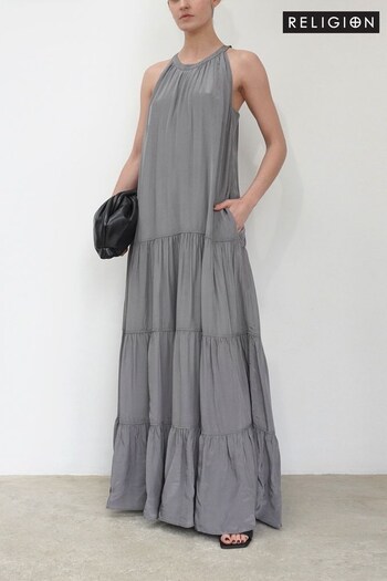 Religion Grey Tiered Maxi Dress With Halter Neck In Beautiful Prints (K48605) | £110