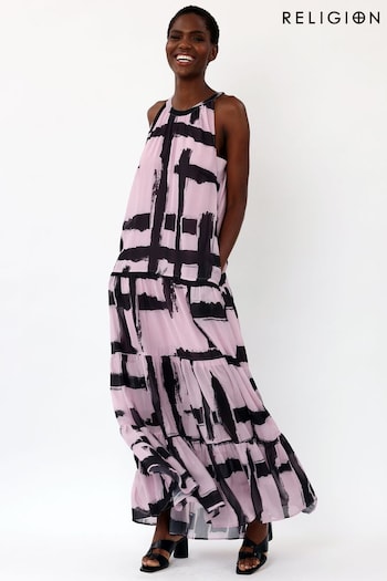Religion Pink Tiered Maxi Dress With Halter Neck In Beautiful Prints (K48606) | £110
