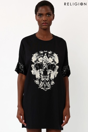 Religion Black Oversized T Dress With Skull Artwork And Sequin Sleeves (K48607) | £56