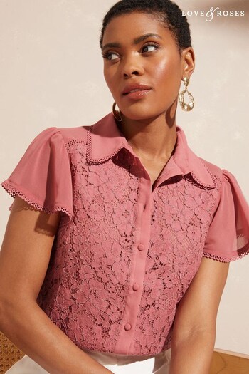 Love & Roses Blush Pink Lace Sheer Mix Flutter Sleeve Button Through Shirt (K48712) | £14.50