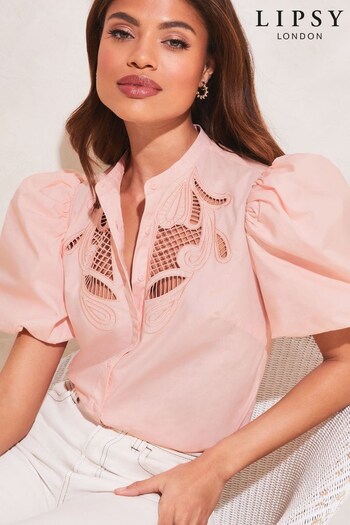 Lipsy Baby Pink Petite Puff Sleeve Cut Artwork Button Up Grandad Shirt (K48773) | £39