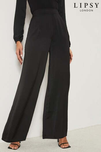 Lipsy Black Petite Satin Wide Leg Tailored Trousers (K48829) | £34
