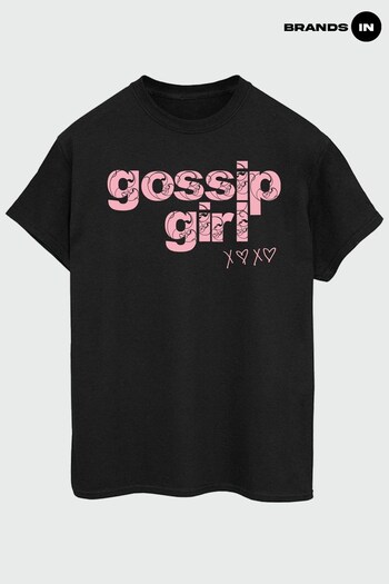 Brands In Black Gossip Girl Swirl Logo Women Black Boyfriend Fit T-Shirt (K48846) | £23
