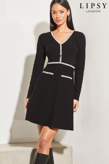 Lipsy Black Boucle Trim Tipped Knitted V Neck Long Sleeve Fit and Flare Dress (K48875) | £56