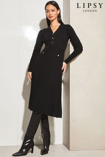 Lipsy Black V Neck Button Fit And Flare Long Sleeve Knit Dress (K48876) | £58