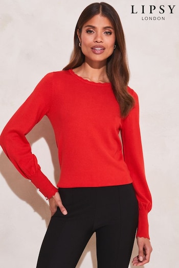 Lipsy Red Scallop Long Sleeve Knitted Jumper (K48890) | £28