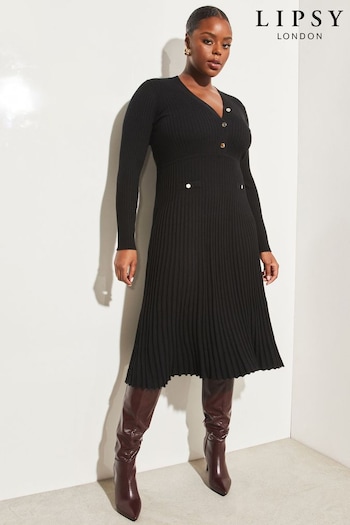 Lipsy Black Curve V Neck Button Fit And Flare Long Sleeve Knit Dress (K48903) | £58