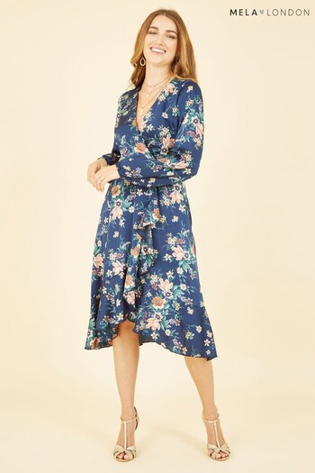 Mela Navy Blue Multi Long Sleeve Floral Print Satin Wrap Dress (K49089) | £40