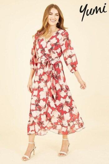 Yumi Red Multi Blossom Wrap Midi Dress With 3/4 Sleeves (K49090) | £65