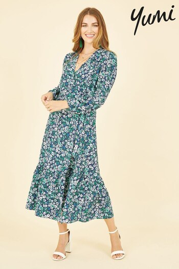 Yumi Green Multi Daisy Print Wrap Midi Dress With Long Sleeves (K49100) | £65
