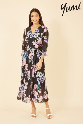 Yumi Black Multi Floral Pleated Wrap Midi Dress (K49111) | £65