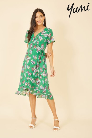 Yumi Green Multi Floral Frill Wrap Midi Dress (K49112) | £65