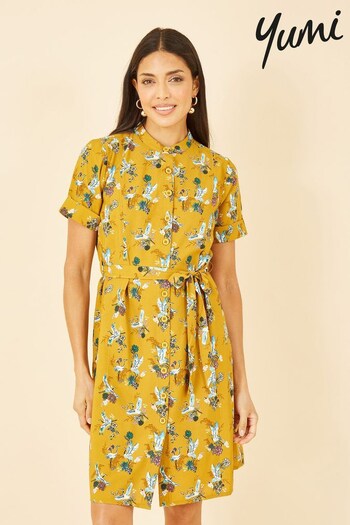 Yumi Yellow Multi Crane Print Shirt Dress (K49113) | £60