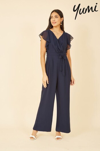 Yumi Navy Blue Wrap Jumpsuit With Ruffle Sleeves (K49114) | £70