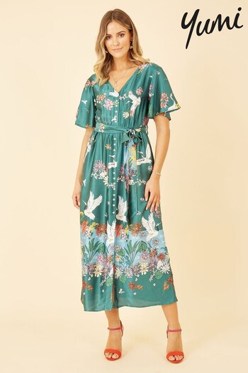 Yumi Green Multi Satin Crane Print Border Shirt Dress (K49116) | £70