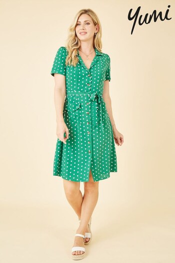 Yumi Green & White Spot Retro Shirt Dress (K49123) | £65