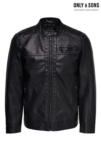 Only & Sons Black Collarless Faux Leather Biker Jacket (K49141) | £50