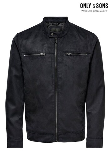 Only & Sons Black Collarless Faux Suede Biker Jacket (K49142) | £60