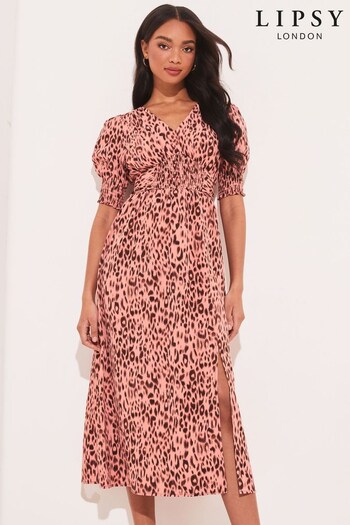 Lipsy Pink Animal Shirred Puff Sleeve V Neck Split Midi Dress (K49152) | £48