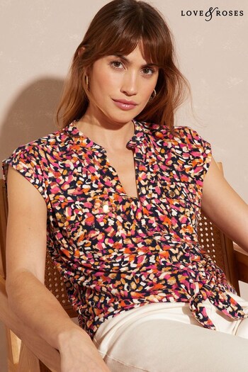 Love & Roses Orange Pink Print Jersey V Neck Tie Front Sleeveless Shirt (K49166) | £29