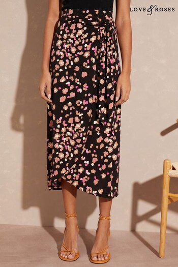 Love & Roses Black Jersey Tie Side Summer Midi Skirt (K49316) | £34
