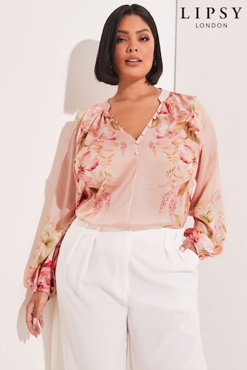 Lipsy Pink Floral Curve Long Sleeve Collared Button Blouse (K49366) | £39