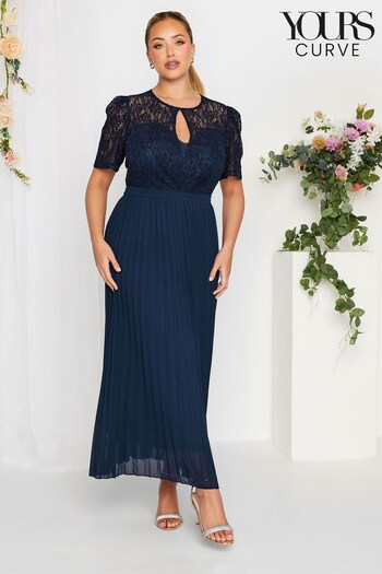 Yours Curve Blue London Occasion Lace Puff Sleeve Pleat Maxi Dress (K49466) | £85