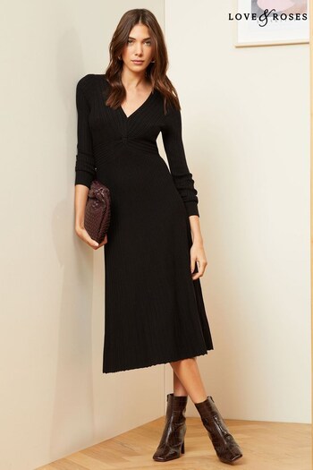 Love & Roses Black Twist Knitted Long Sleeve Midi Dress (K49639) | £62