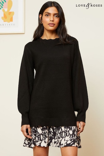 Love & Roses Black Woven Hem Long Sleeve Knitted Jumper Dress (K49641) | £54