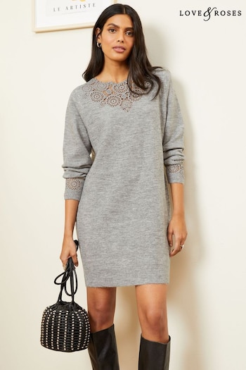 Sequin & Sparkle Grey Crochet Mix Long Sleeve Jumper Dress (K49642) | £54