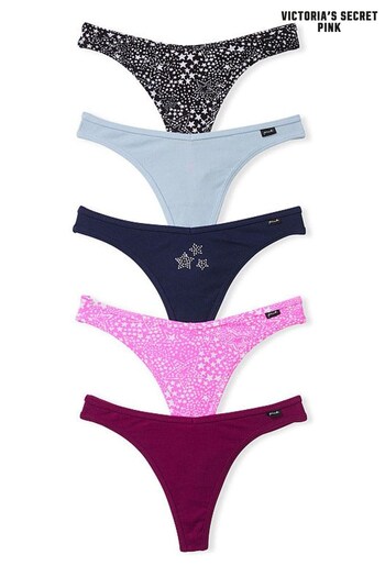 Victoria's Secret PINK Magenta Pink Navy Blue Star Thong Cotton Knickers 5 Pack (K49679) | £25
